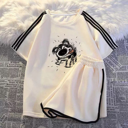 American sportswear suit for women 2024 summer fashion student three-stripe short-sleeved casual shorts two-piece set national trend