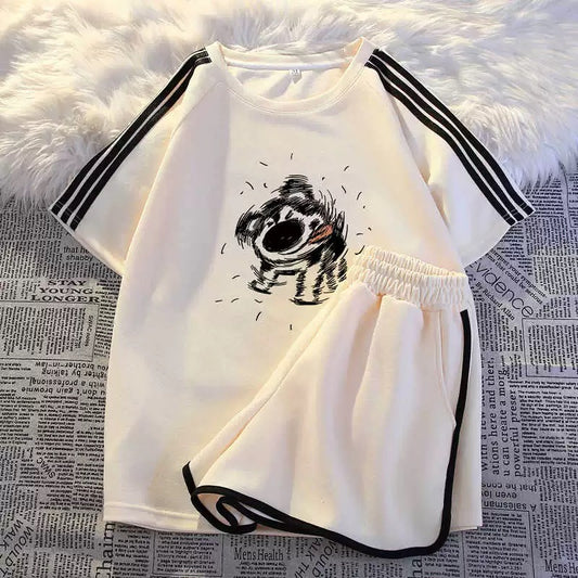 American sportswear suit for women 2024 summer fashion student three-stripe short-sleeved casual shorts two-piece set national trend