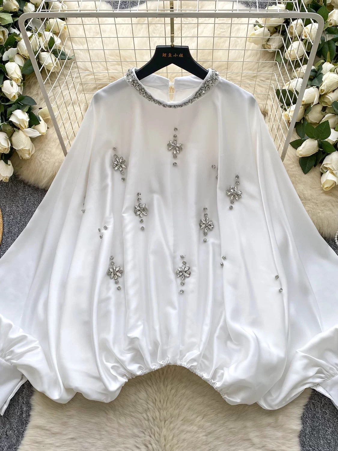 European and American style heavy-duty rhinestone-embellished round neck lantern sleeve satin shirt for women, autumn fashion loose waist slimming top