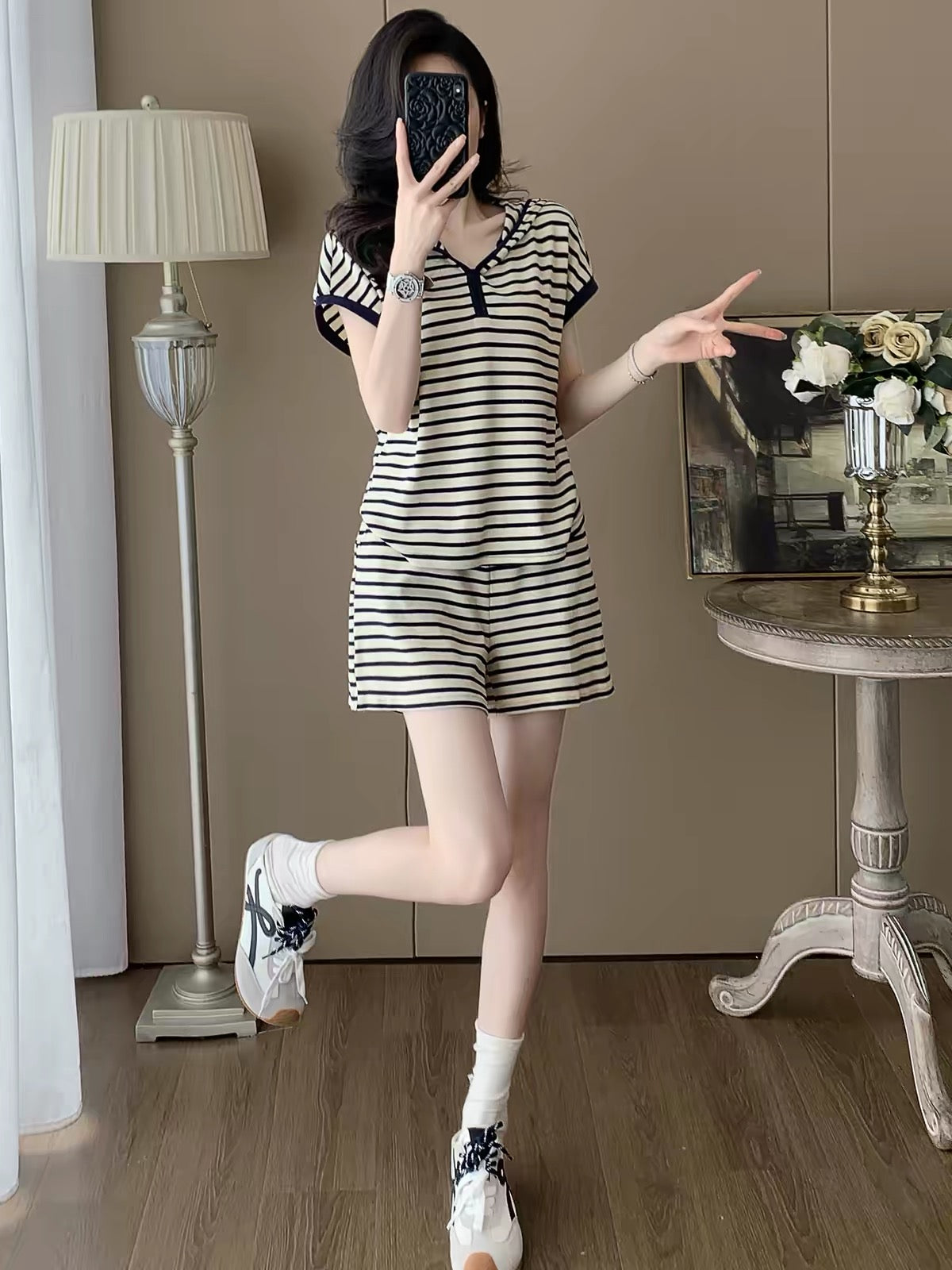 Women's Summer 2026 Striped Hooded Short-Sleeve & Shorts Two-Piece Set – Stylish, Youthful, Slimming Casual Sportswear Outfit