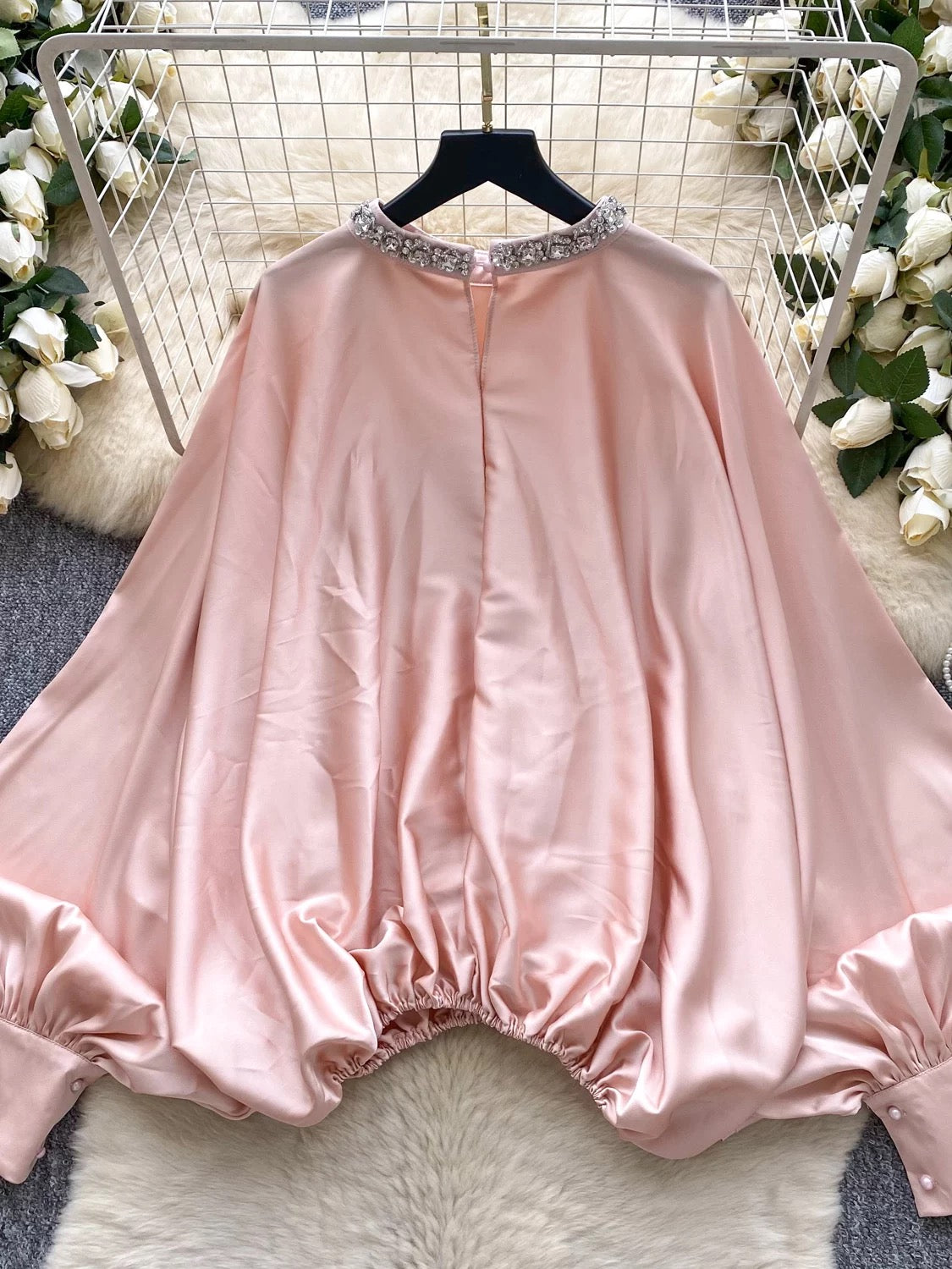 European and American style heavy-duty rhinestone-embellished round neck lantern sleeve satin shirt for women, autumn fashion loose waist slimming top
