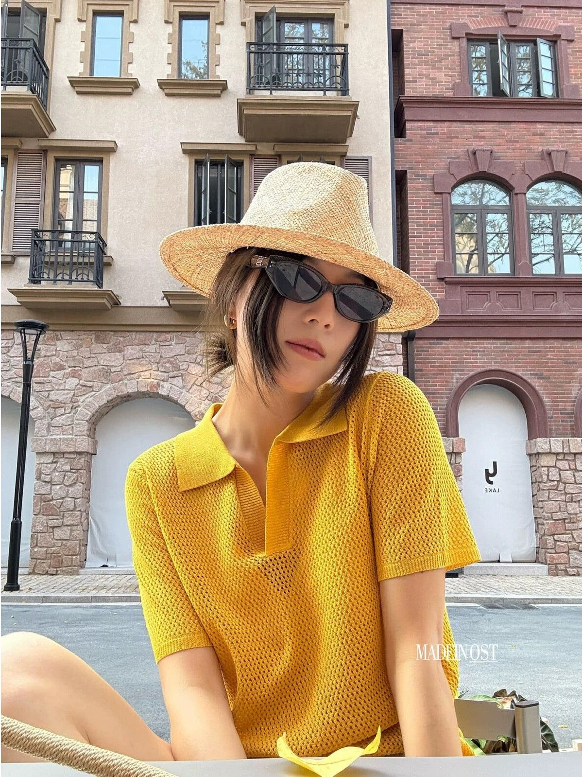 [MADEINOST] Original design high-end short Tencel linen Polo collar hollow short-sleeved T-shirt summer