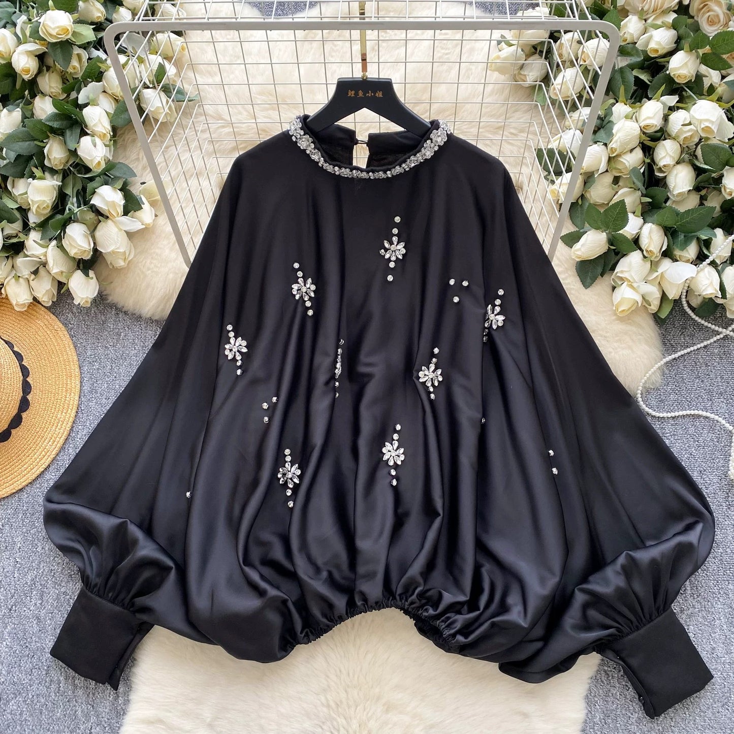 European and American style heavy-duty rhinestone-embellished round neck lantern sleeve satin shirt for women, autumn fashion loose waist slimming top