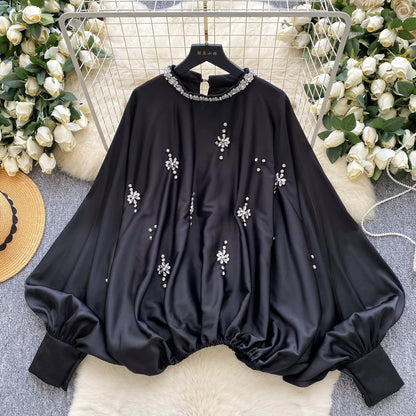 European and American style heavy-duty rhinestone-embellished round neck lantern sleeve satin shirt for women, autumn fashion loose waist slimming top