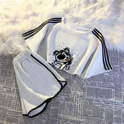 American sportswear suit for women 2024 summer fashion student three-stripe short-sleeved casual shorts two-piece set national trend