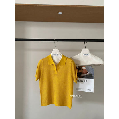 [MADEINOST] Original design high-end short Tencel linen Polo collar hollow short-sleeved T-shirt summer