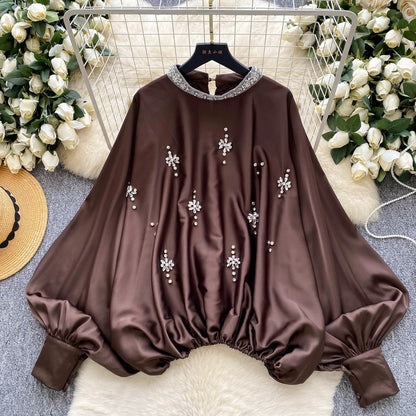 European and American style heavy-duty rhinestone-embellished round neck lantern sleeve satin shirt for women, autumn fashion loose waist slimming top