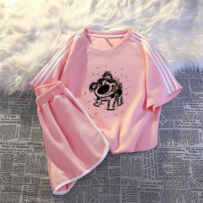 American sportswear suit for women 2024 summer fashion student three-stripe short-sleeved casual shorts two-piece set national trend