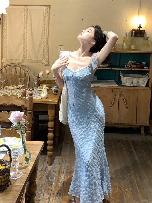 New Chinese style national style EIA Yiyao [Mermaid Princess] French style small flying sleeve dress women's summer plaid long skirt