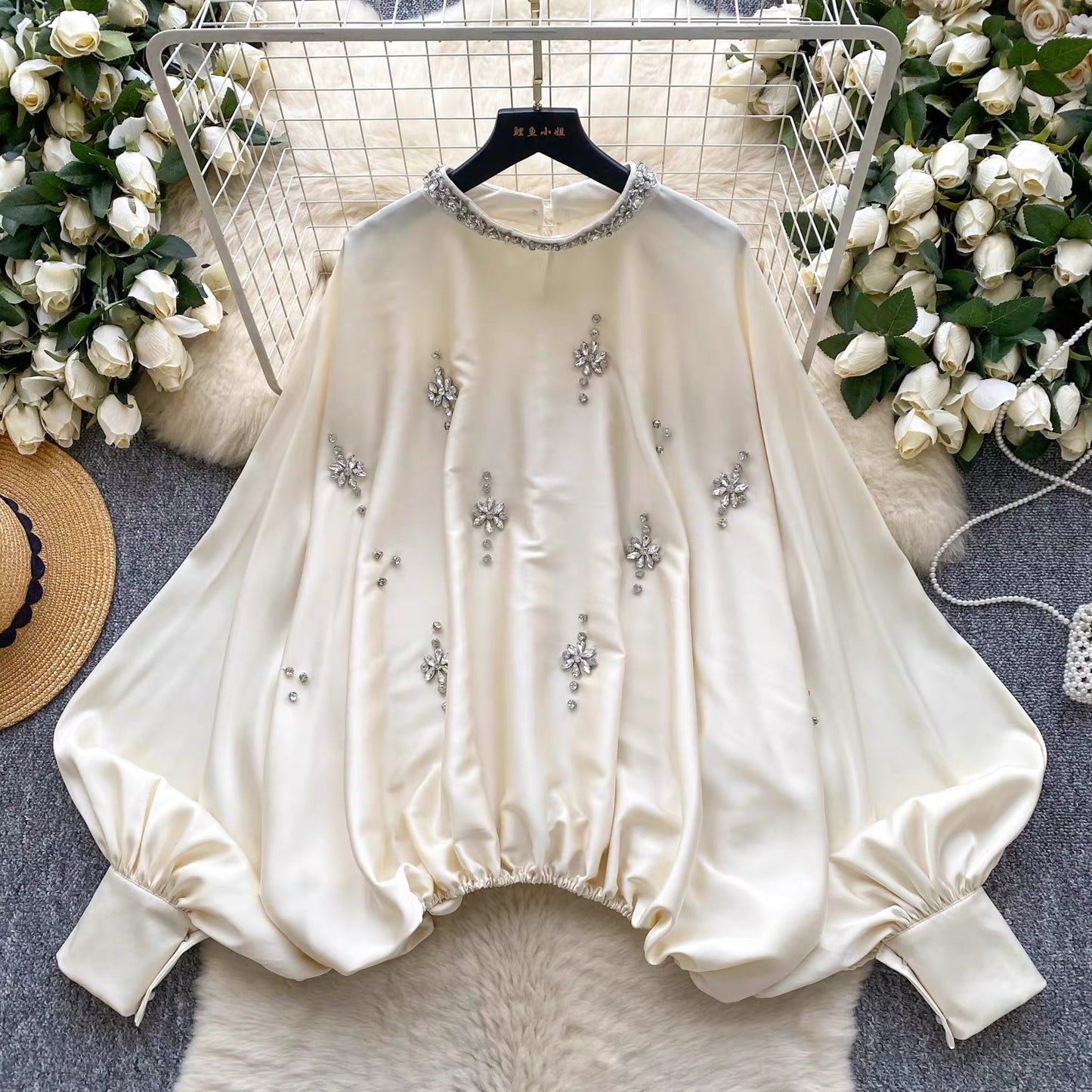 European and American style heavy-duty rhinestone-embellished round neck lantern sleeve satin shirt for women, autumn fashion loose waist slimming top