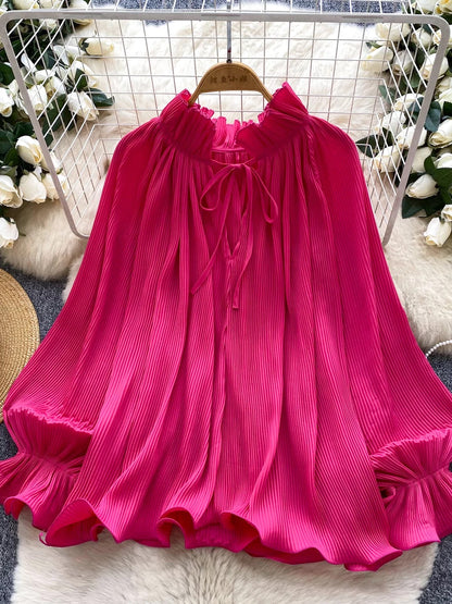Gentle and elegant flared sleeve pleated shirt for women, autumn 2025, French style, loose fit, slimming, casual ruffle top.