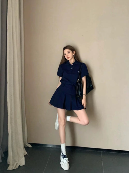 kumikumi college style suit feminine Polo collar short-sleeved T-shirt summer pleated skirt skirt two-piece set