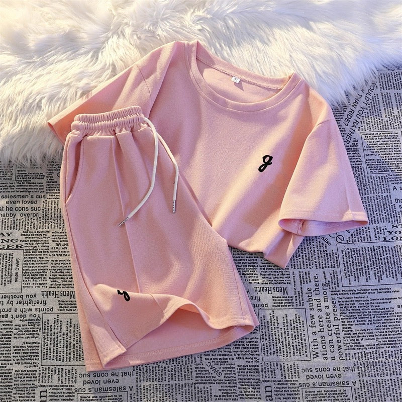 Summer casual fashion suit for women, loose two-piece suit, comfortable student sports style outer wear, morning jogging suit, short-sleeved shorts