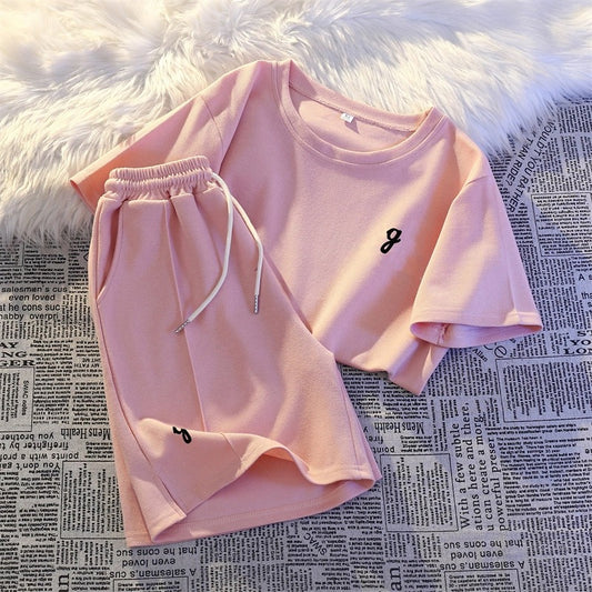Summer casual fashion suit for women, loose two-piece suit, comfortable student sports style outer wear, morning jogging suit, short-sleeved shorts