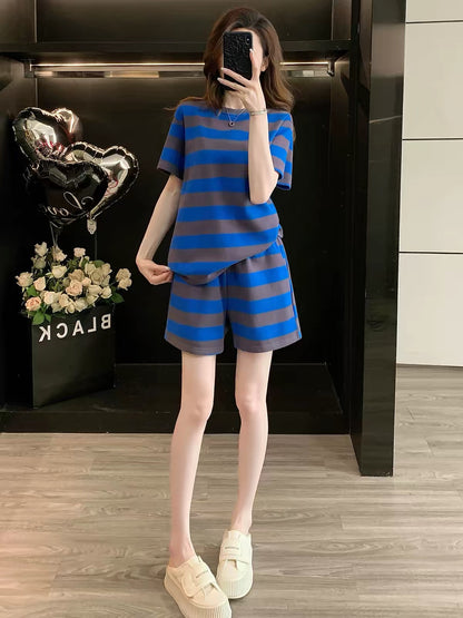 Women's Summer 2026 Casual Sporty Striped Short-Sleeve & Shorts Two-Piece Set – Stylish, Slimming, and Youthful Loose Fit