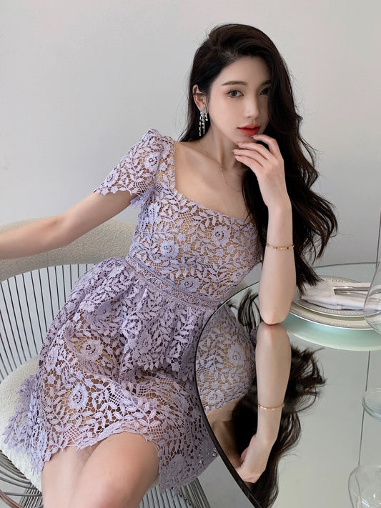 Rich girl's niche design high-end heavy lace lavender purple square-neck short-sleeved dress
