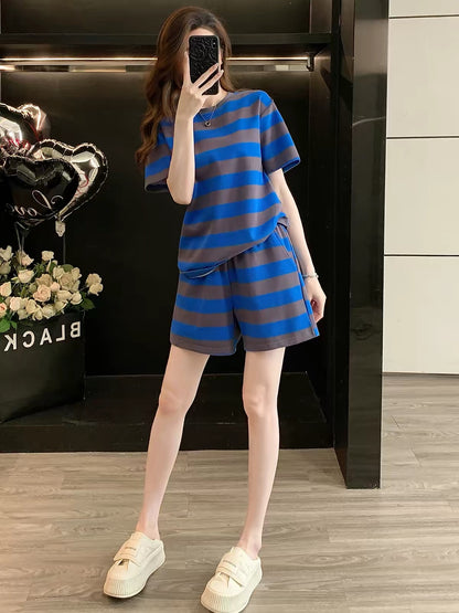 Women's Summer 2026 Casual Sporty Striped Short-Sleeve & Shorts Two-Piece Set – Stylish, Slimming, and Youthful Loose Fit