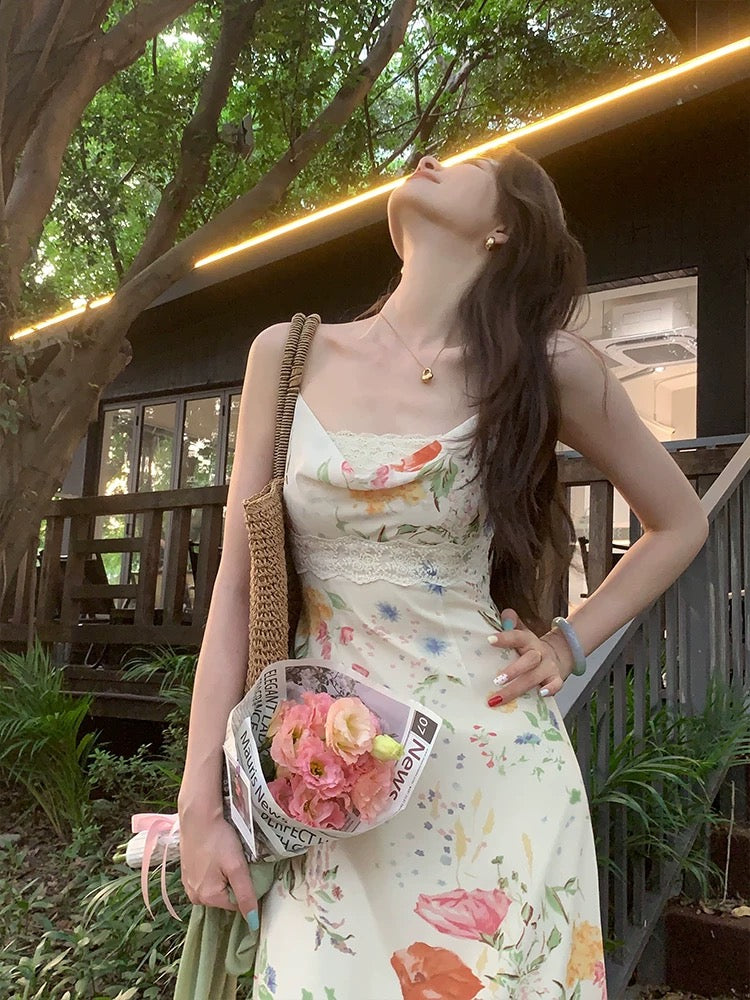 French retro EIA Yiyao [London Flower Market] chiffon suspender dress women's summer printed gentle long skirt