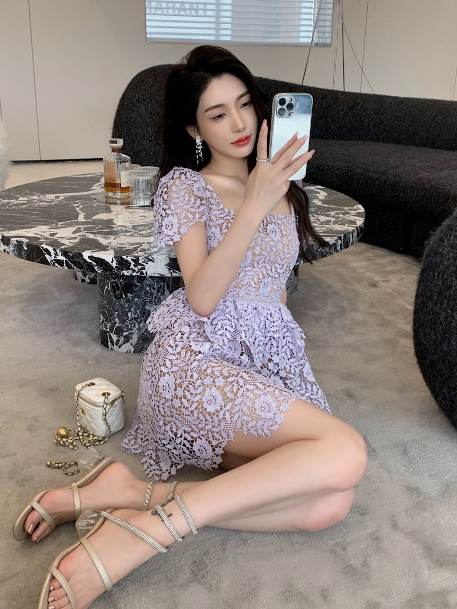 Rich girl's niche design high-end heavy lace lavender purple square-neck short-sleeved dress