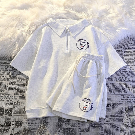 Casual sports style suit for female students morning jogging suit 2024 summer salt short-sleeved shorts petite two-piece set