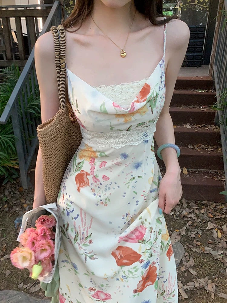 French retro EIA Yiyao [London Flower Market] chiffon suspender dress women's summer printed gentle long skirt