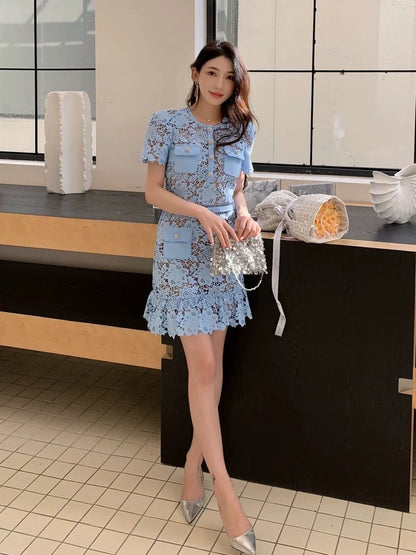 Rich family's daughter, palace style light blue heavy lace slim fit round neck short dress, popular hot style