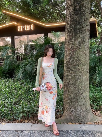 French retro EIA Yiyao [London Flower Market] chiffon suspender dress women's summer printed gentle long skirt
