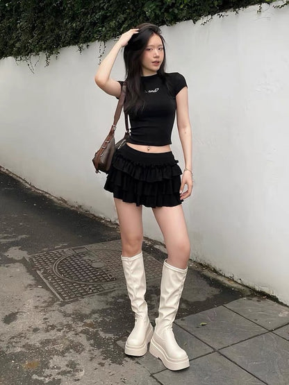 #Sisjuly# Black Swan sweet, cool, sexy and versatile T-shirt, high-waisted flesh-covering layered skirt, two-piece set for women