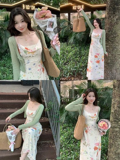 French retro EIA Yiyao [London Flower Market] chiffon suspender dress women's summer printed gentle long skirt