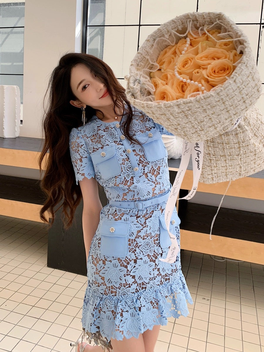 Rich family's daughter, palace style light blue heavy lace slim fit round neck short dress, popular hot style
