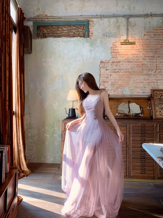 JUNSTUDIO [dujia Purple God Arrives] Waist Sling Long Skirt True Two-piece Vacation Mesh Dress