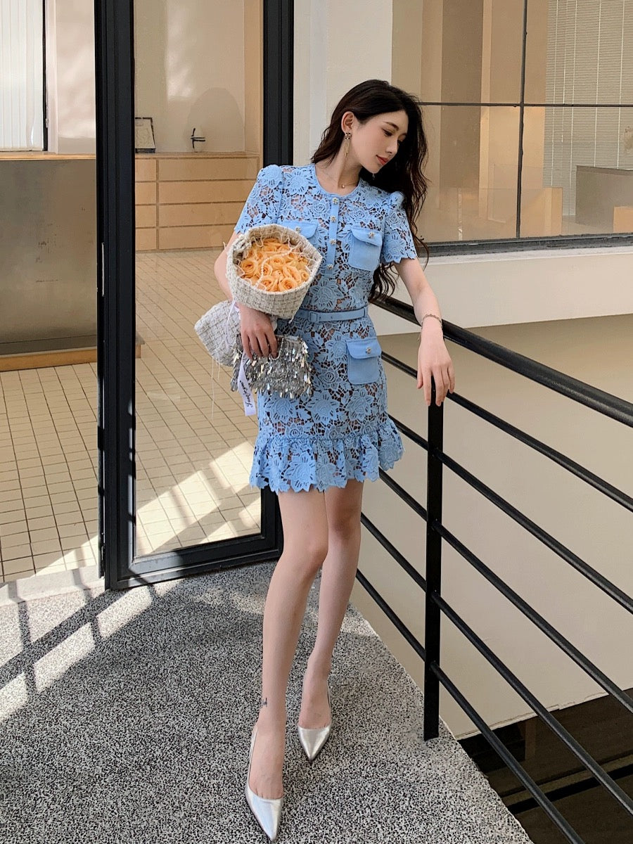 Rich family's daughter, palace style light blue heavy lace slim fit round neck short dress, popular hot style