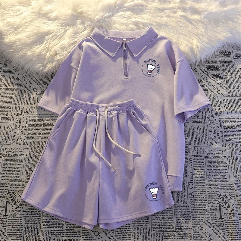 Casual sports style suit for female students morning jogging suit 2024 summer salt short-sleeved shorts petite two-piece set