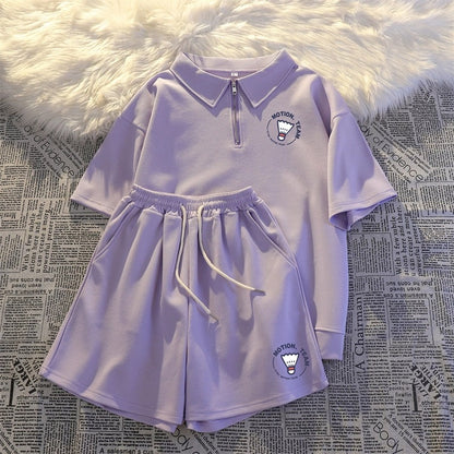 Casual sports style suit for female students morning jogging suit 2024 summer salt short-sleeved shorts petite two-piece set