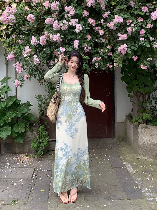 EIA Yiyao [Blooming Pinellia] New Chinese Style Retro Jacquard Dress Women's Summer Cardigan Suspender Skirt Two-piece Set