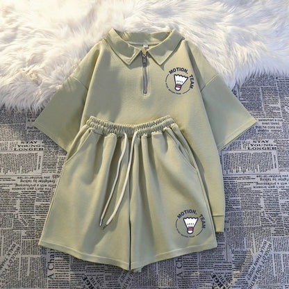 Casual sports style suit for female students morning jogging suit 2024 summer salt short-sleeved shorts petite two-piece set