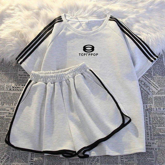 Three-stripes American sportswear suit for women summer fashion loose student running shorts short-sleeved casual two-piece set