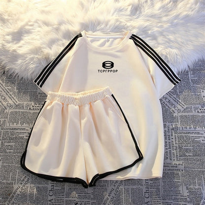 Three-stripes American sportswear suit for women summer fashion loose student running shorts short-sleeved casual two-piece set