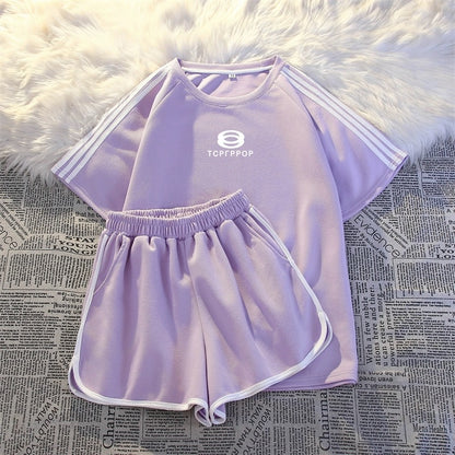 Three-stripes American sportswear suit for women summer fashion loose student running shorts short-sleeved casual two-piece set