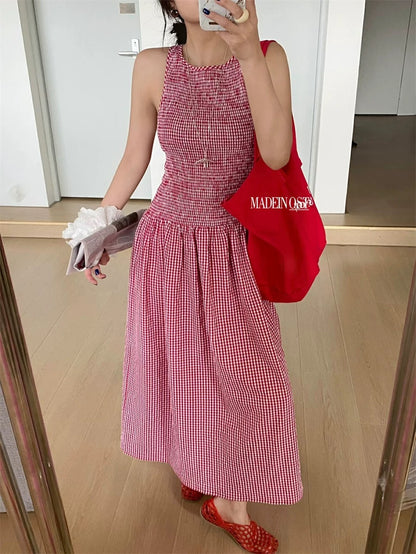 MADEINOST2025 spring and summer Korean version of all-match leisure solid color slim fit plaid vest dress female trend