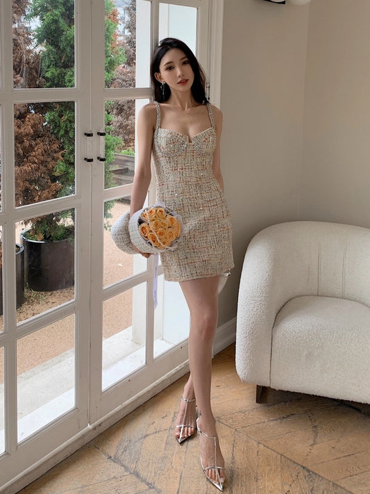 High-end luxury handmade diamond-cut rich daughter's small fragrant dress 2024 new women's waist sexy suspender skirt