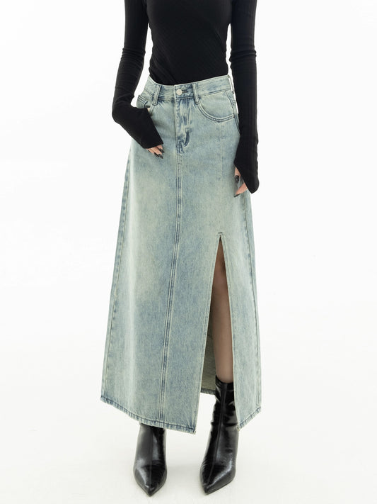 EDX side slit denim skirt spring new design niche loose slim retro a-line skirt 2853