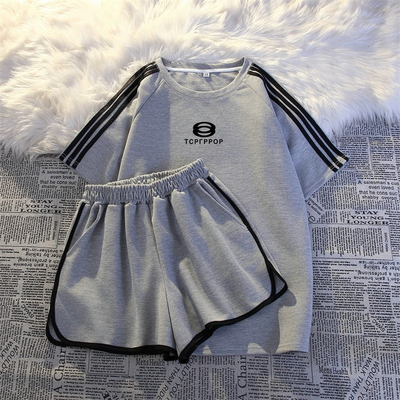 Three-stripes American sportswear suit for women summer fashion loose student running shorts short-sleeved casual two-piece set