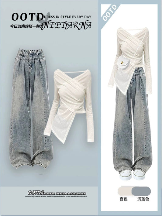A and cool 2025 new spring wear high-end denim suit female hot girl knitted two-piece top