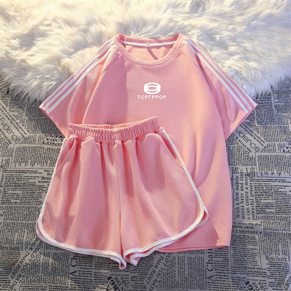 Three-stripes American sportswear suit for women summer fashion loose student running shorts short-sleeved casual two-piece set