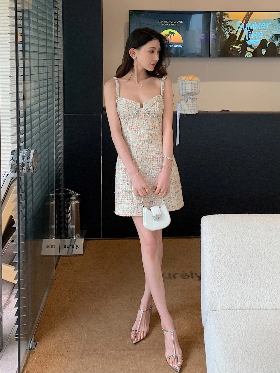 High-end luxury handmade diamond-cut rich daughter's small fragrant dress 2024 new women's waist sexy suspender skirt