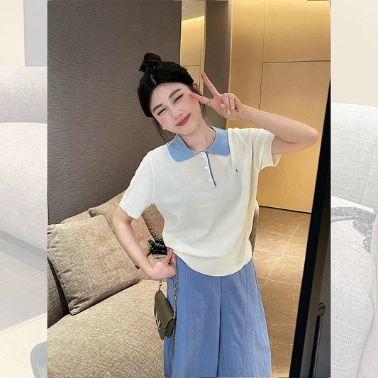 KISS SISTER Korean version of slim and age-reducing college style POLO collar contrast color design loose and comfortable sweater