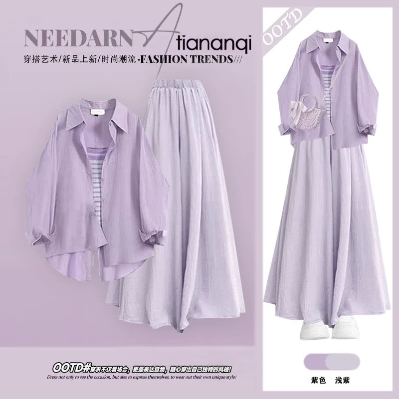 Summer dopamine unique beautiful slightly fat waist small skirt 2025 super good-looking sunscreen shirt purple dress