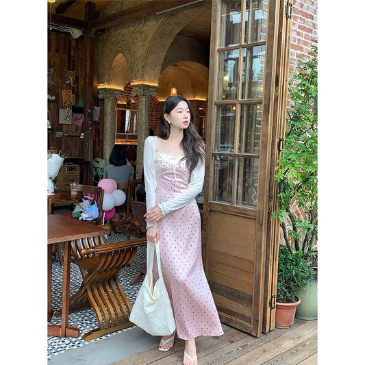 New Chinese style national style EIA Yiyao [Fragrance Bree] French retro polka dot dress women's summer suspender long skirt