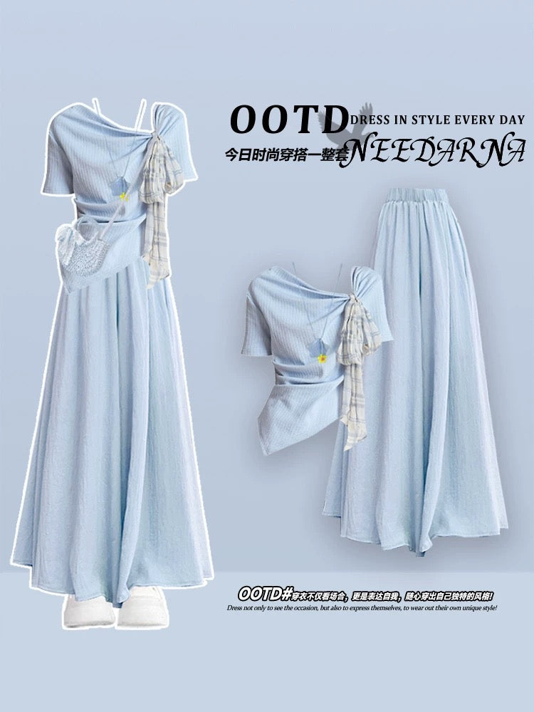 Summer dopamine unique beautiful slightly fat waist small skirt suit 2025 super good-looking blue dress